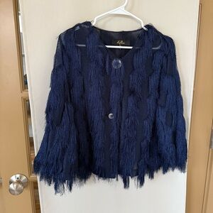 Kellee Womens Small Navy Blue Fringe‎ Flare 3/4 Sleeve Button Up Cardigan